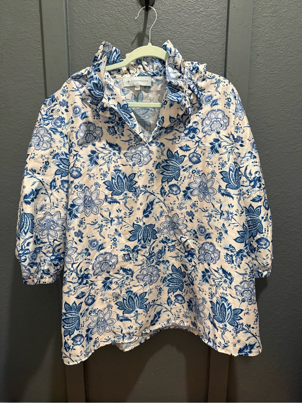 Tuckernuck Blue and White Floral Ruffle Neck Blouse